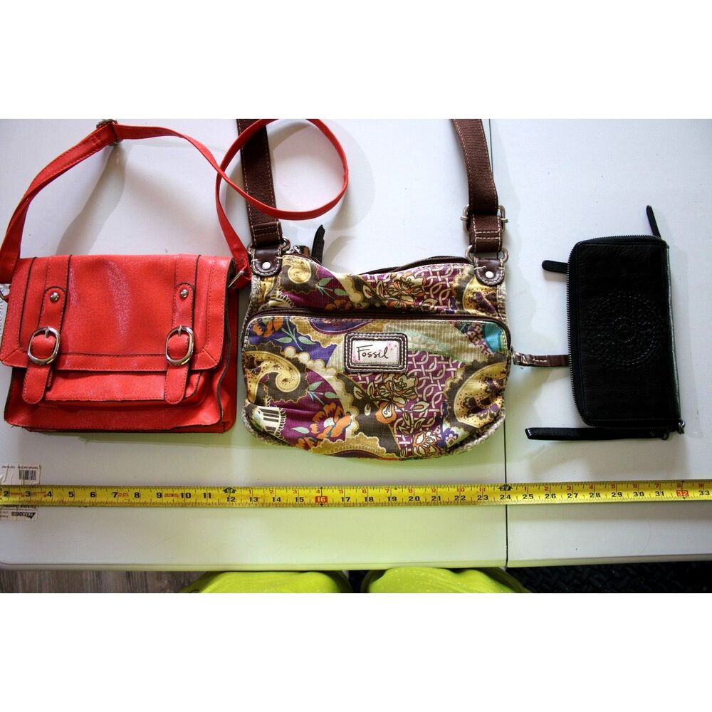 Lot of 3 Purses Fossil Paisley Crossbody Coral Crossbody Black Leather Wristlet